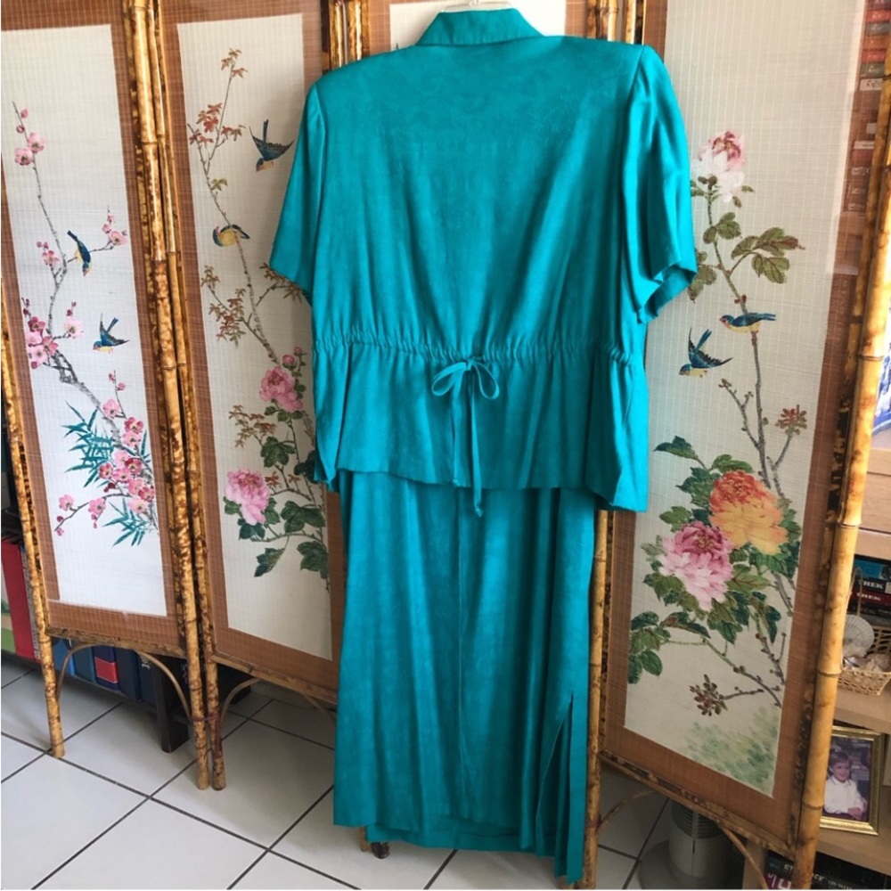Lady Dorby dress jacket set 2 piece maxi jade green texture floral fabric pleats - Picture 2 of 10